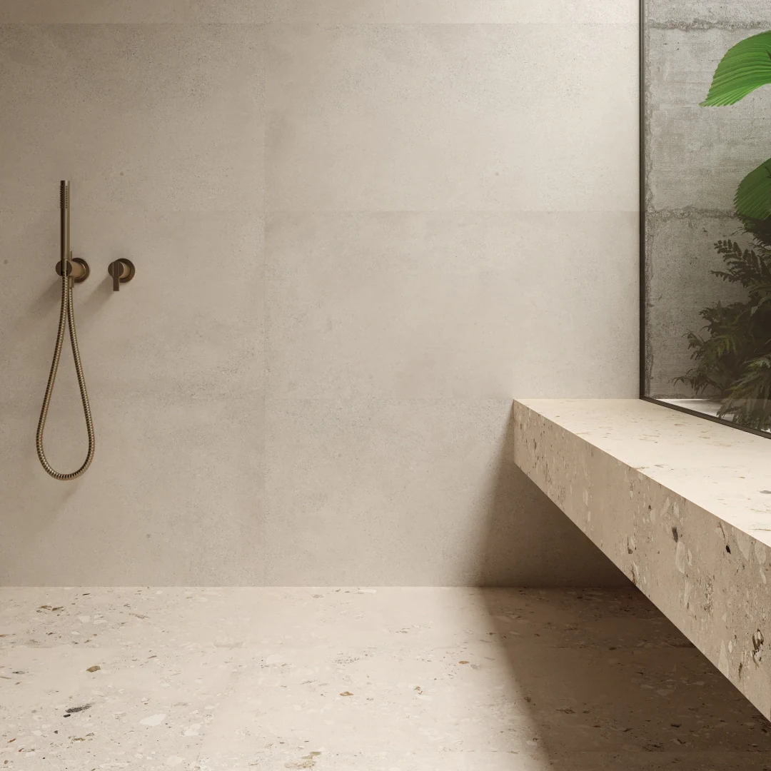 Gres Santagostino LOGICO efekt terrazzo, kamień, , beton - aranzacja w przy kominku