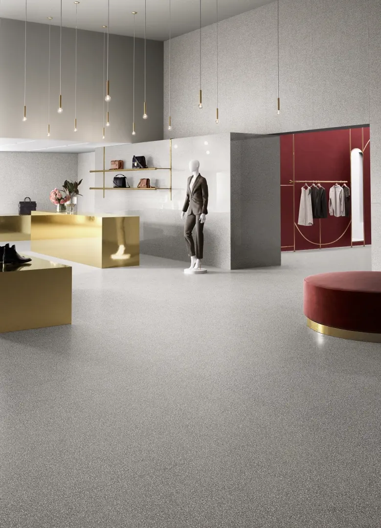 Gres Santagostino NEWDECO efekt terrazzo - aranzacja w przestronnym holu