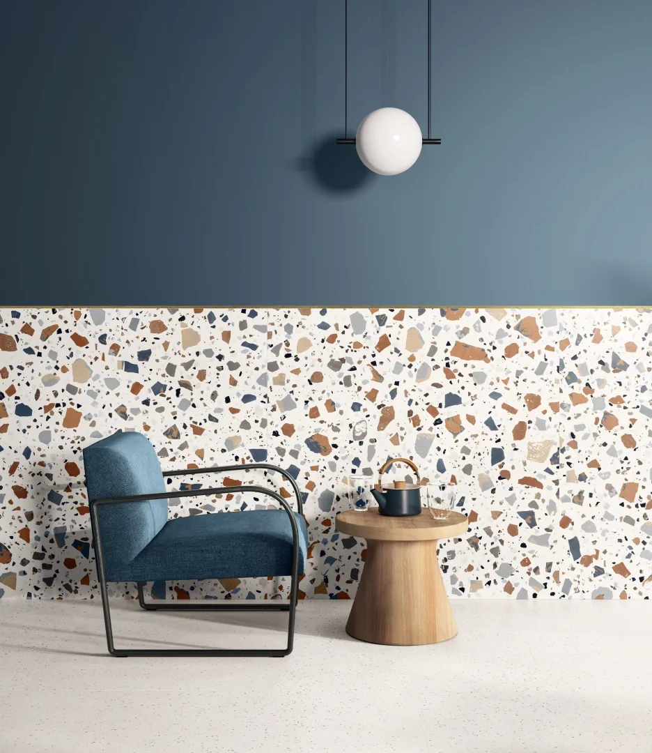 Gres Santagostino DECONCRETE efekt terrazzo, beton - aranzacja w strefie dziennej z duzymi przeszkleniami