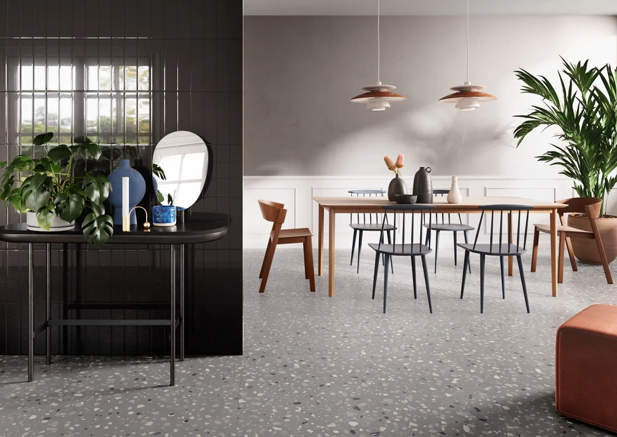 Gres Santagostino DECONCRETE efekt terrazzo, beton - aranzacja w nowoczesnym salonie