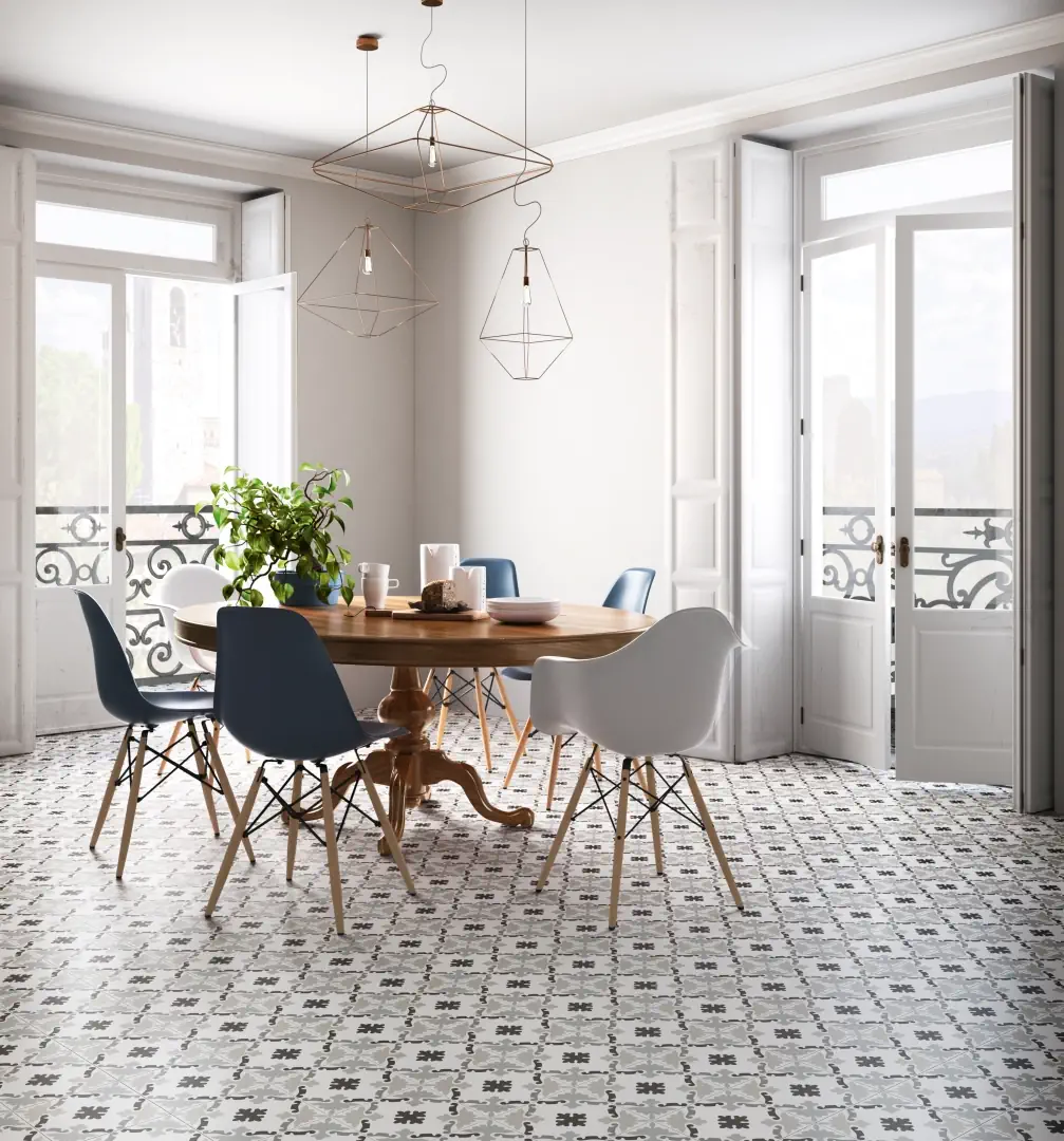 Gres Santagostino PATCHWORK efekt wzór - aranzacja w nowoczesnym salonie