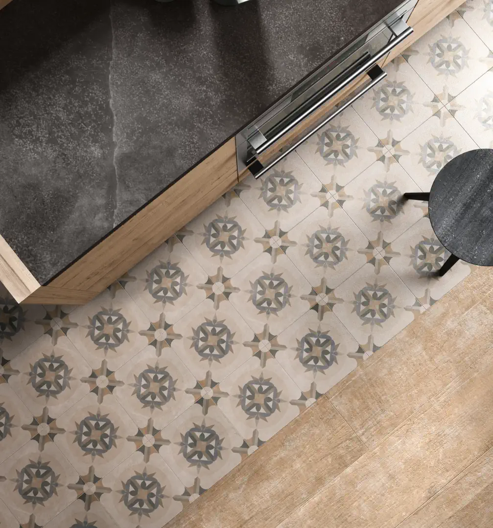 Gres Santagostino PATCHWORK efekt wzór - aranzacja w minimalistycznym wnetrzu