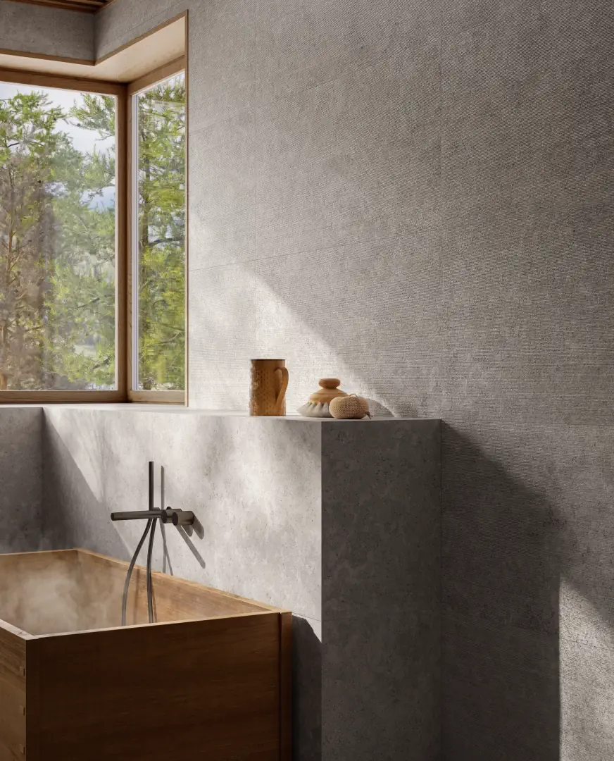 Gres Santagostino UNIONSTONE 2 efekt kamień - aranzacja w eleganckiej lazience