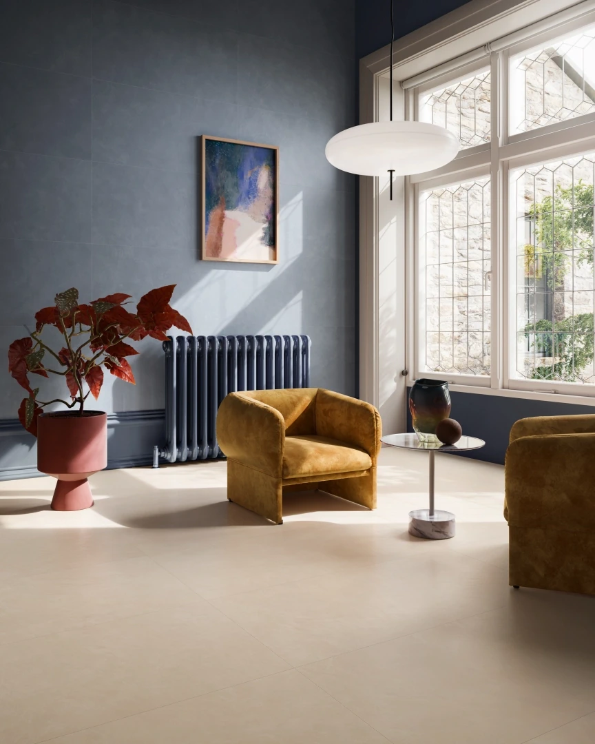 Gres Santagostino INSIDEART COLOR efekt kolor - aranzacja w przy kominku