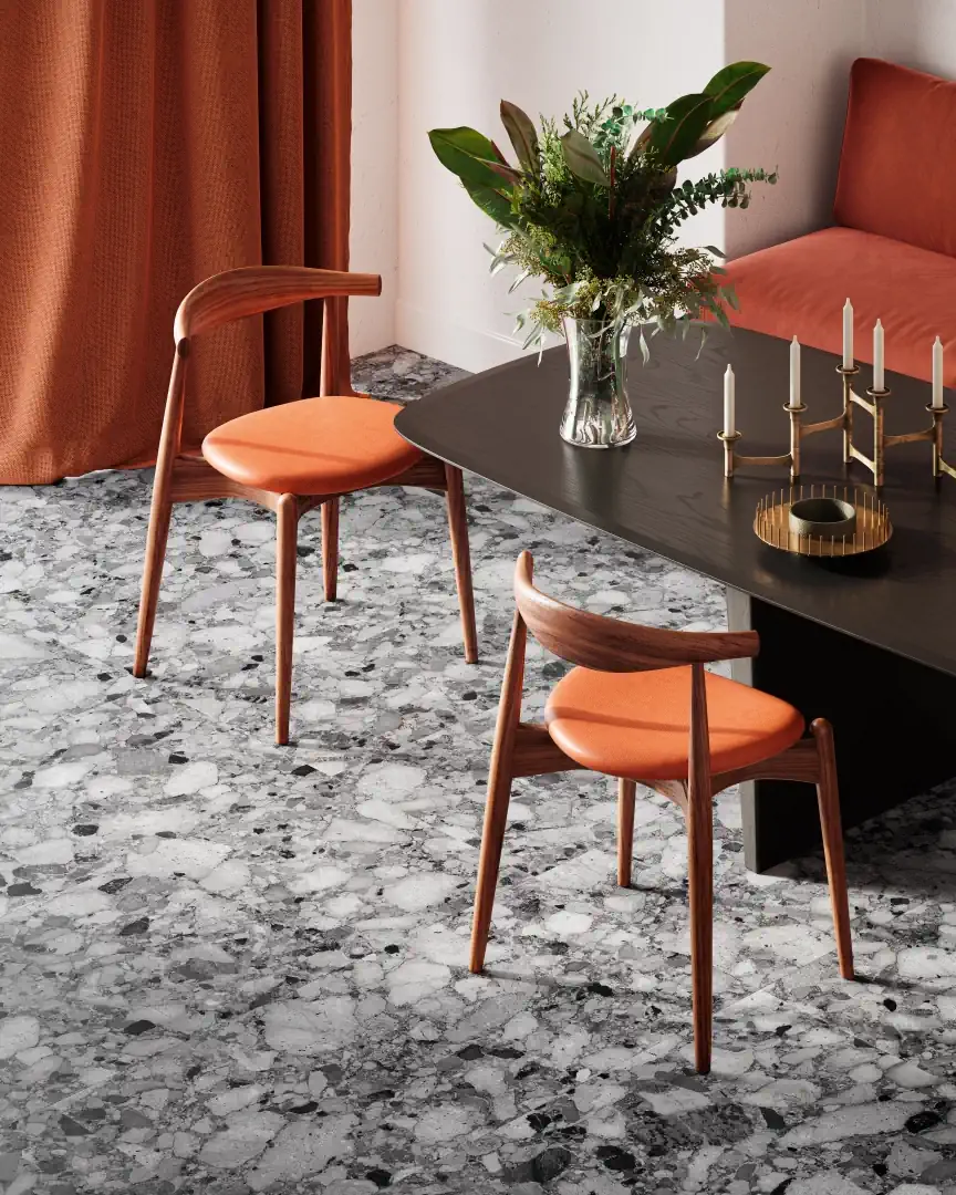 Gres Santagostino VENISTONE efekt terrazzo - aranzacja w minimalistycznym wnetrzu