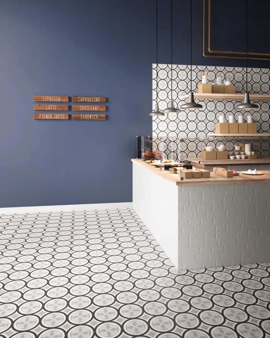 Gres Santagostino PATCHWORK efekt wzór - aranzacja w minimalistycznym wnetrzu