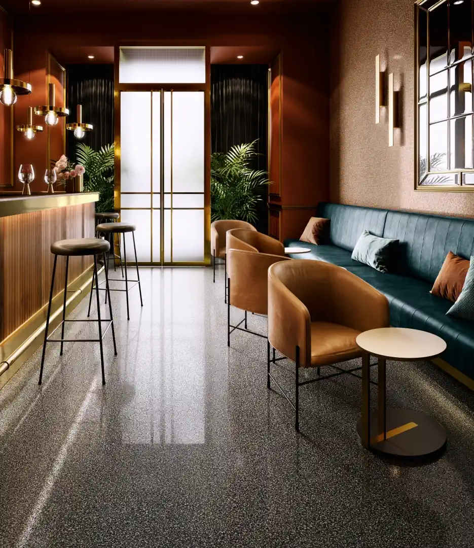 Gres Santagostino NEWDECO efekt terrazzo - aranzacja w przy kominku