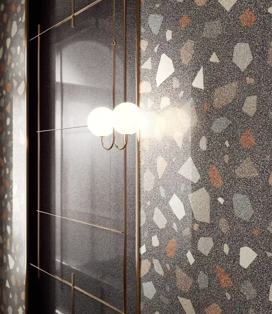 Gres Santagostino NEWDECO efekt terrazzo - aranzacja w przestronnym holu