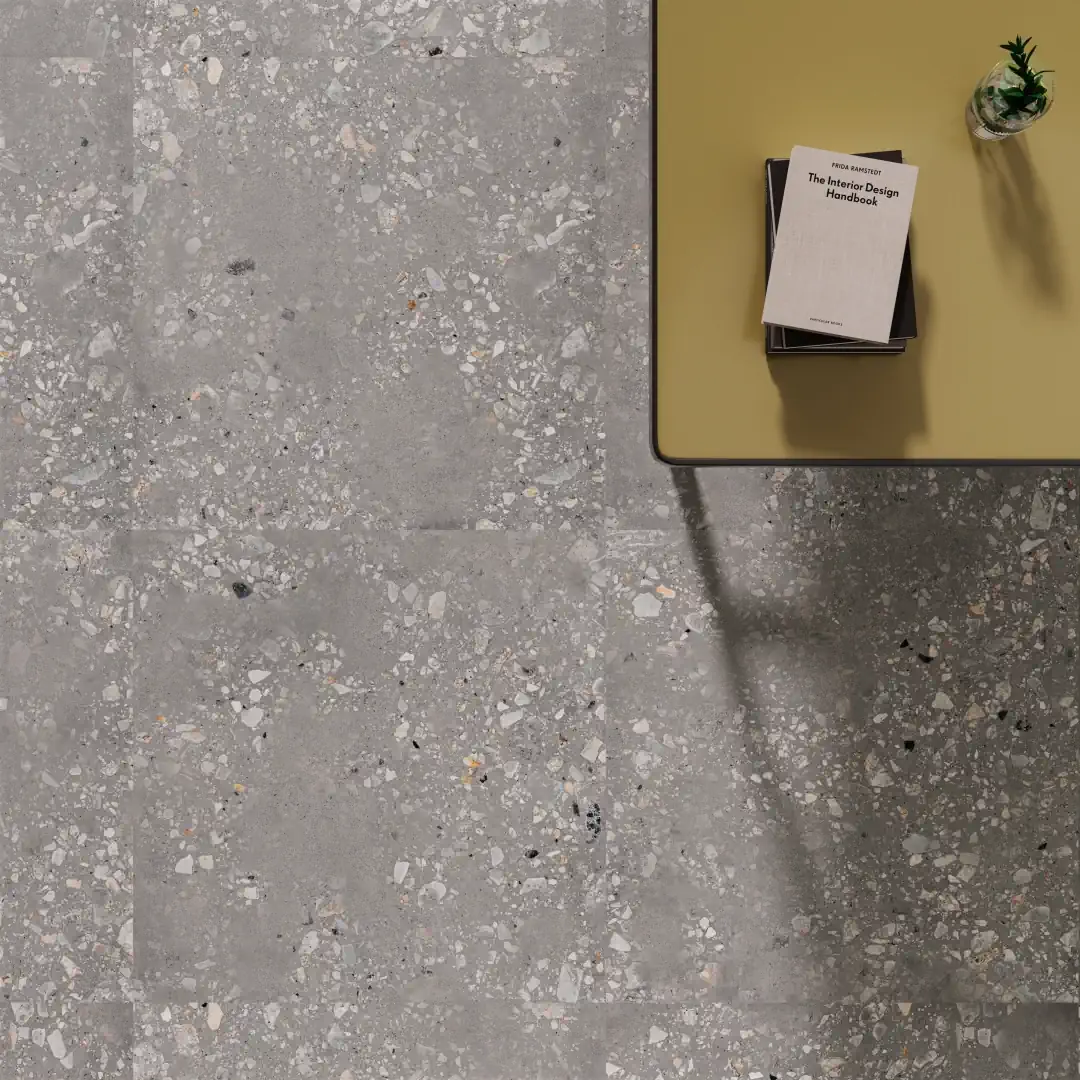 Gres Santagostino LOGICO efekt terrazzo, kamień, , beton - aranzacja w strefie dziennej z duzymi przeszkleniami