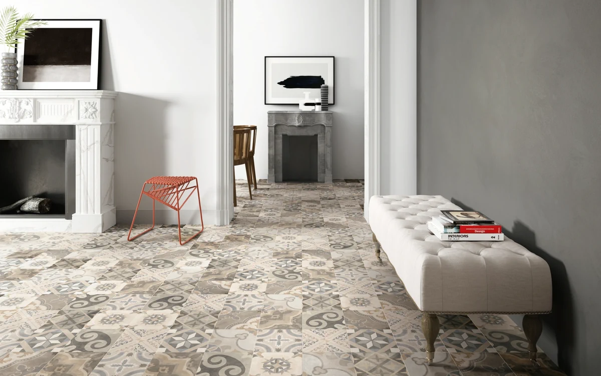 Gres Santagostino PATCHWORK efekt wzór - aranzacja w nowoczesnym salonie