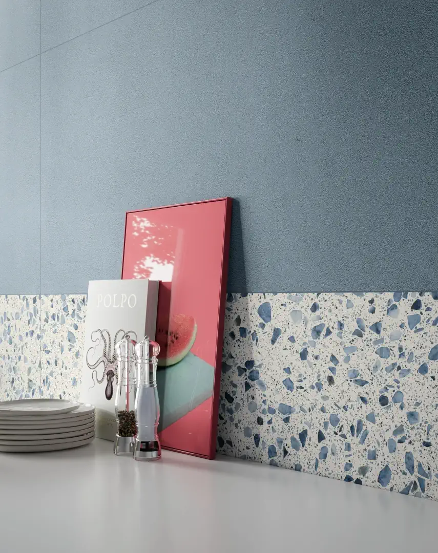 Gres Santagostino IRO efekt terrazzo, beton - aranzacja w przestronnym holu