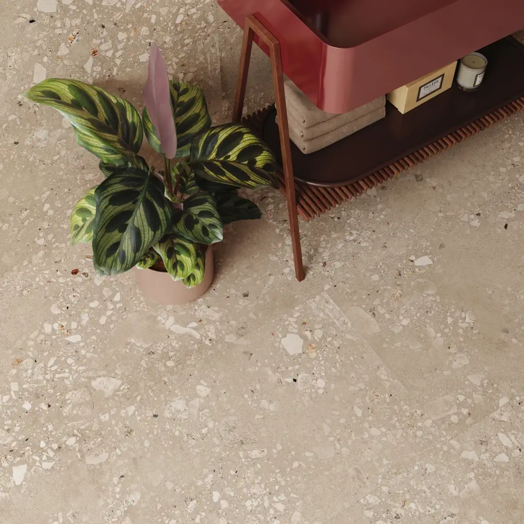 Gres Santagostino LOGICO efekt terrazzo, kamień, , beton - aranzacja w korytarzu z naturalnym swiatlem