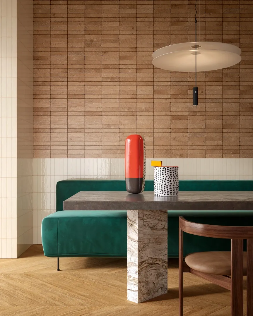 Gres Santagostino TETRIS efekt terrazzo, cegła - aranzacja w przestronnym holu