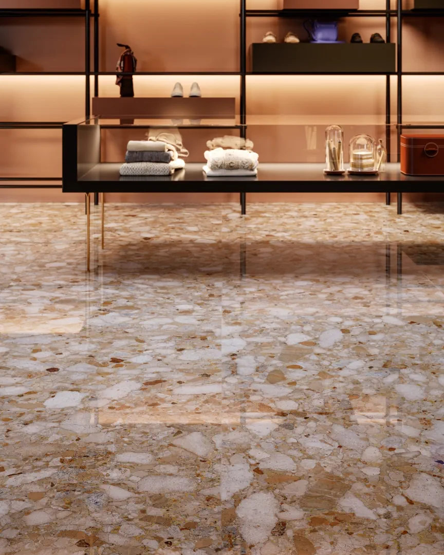 Gres Santagostino VENISTONE efekt terrazzo - aranzacja w nowoczesnym salonie