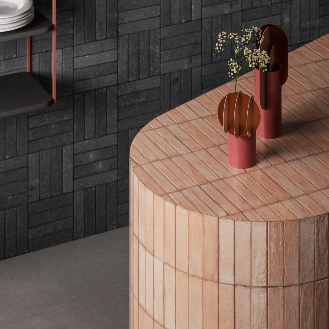 Gres Santagostino TETRIS efekt terrazzo, cegła - aranzacja w eleganckiej lazience