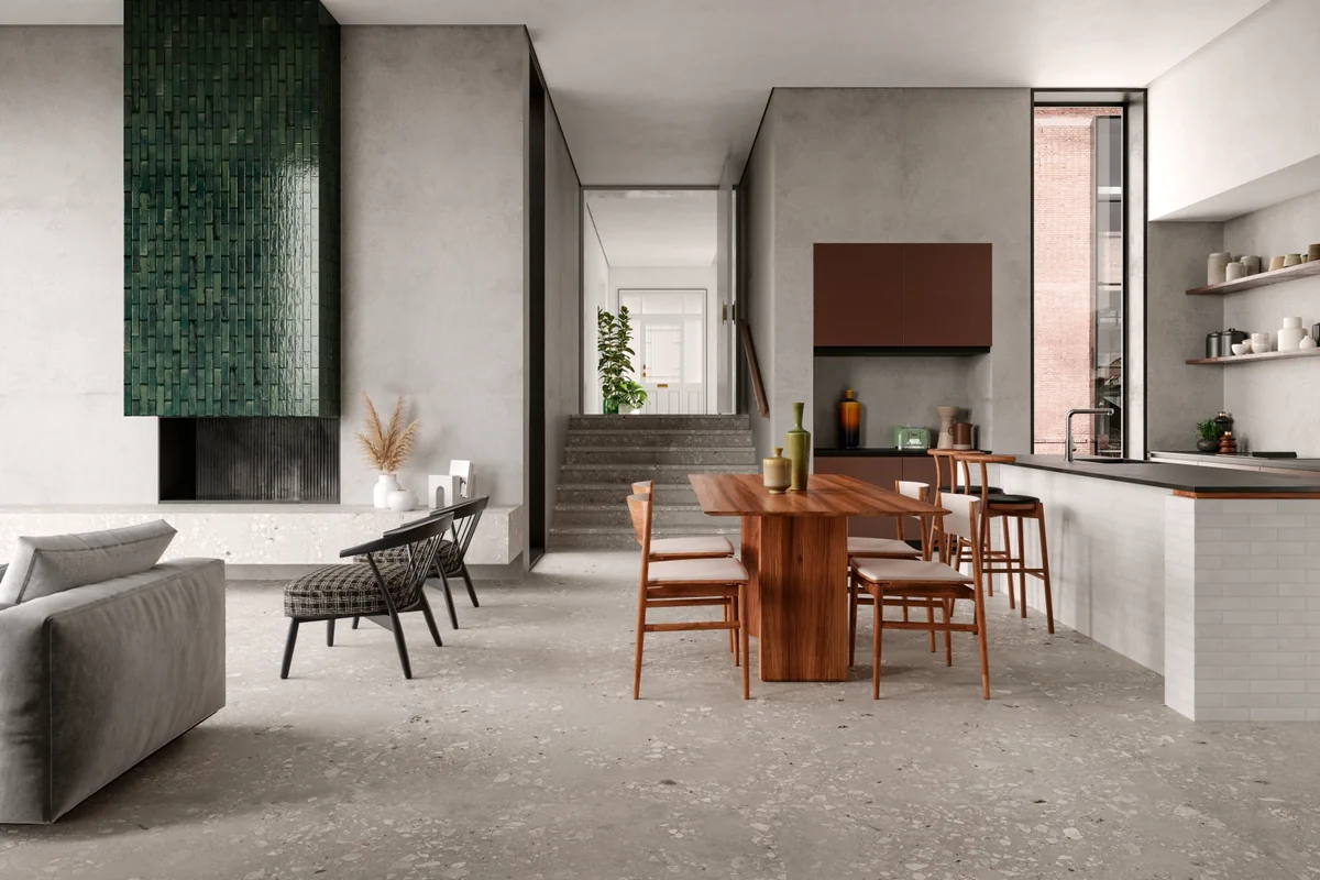 Gres Santagostino LOGICO efekt terrazzo, kamień, , beton - aranzacja w nowoczesnym salonie