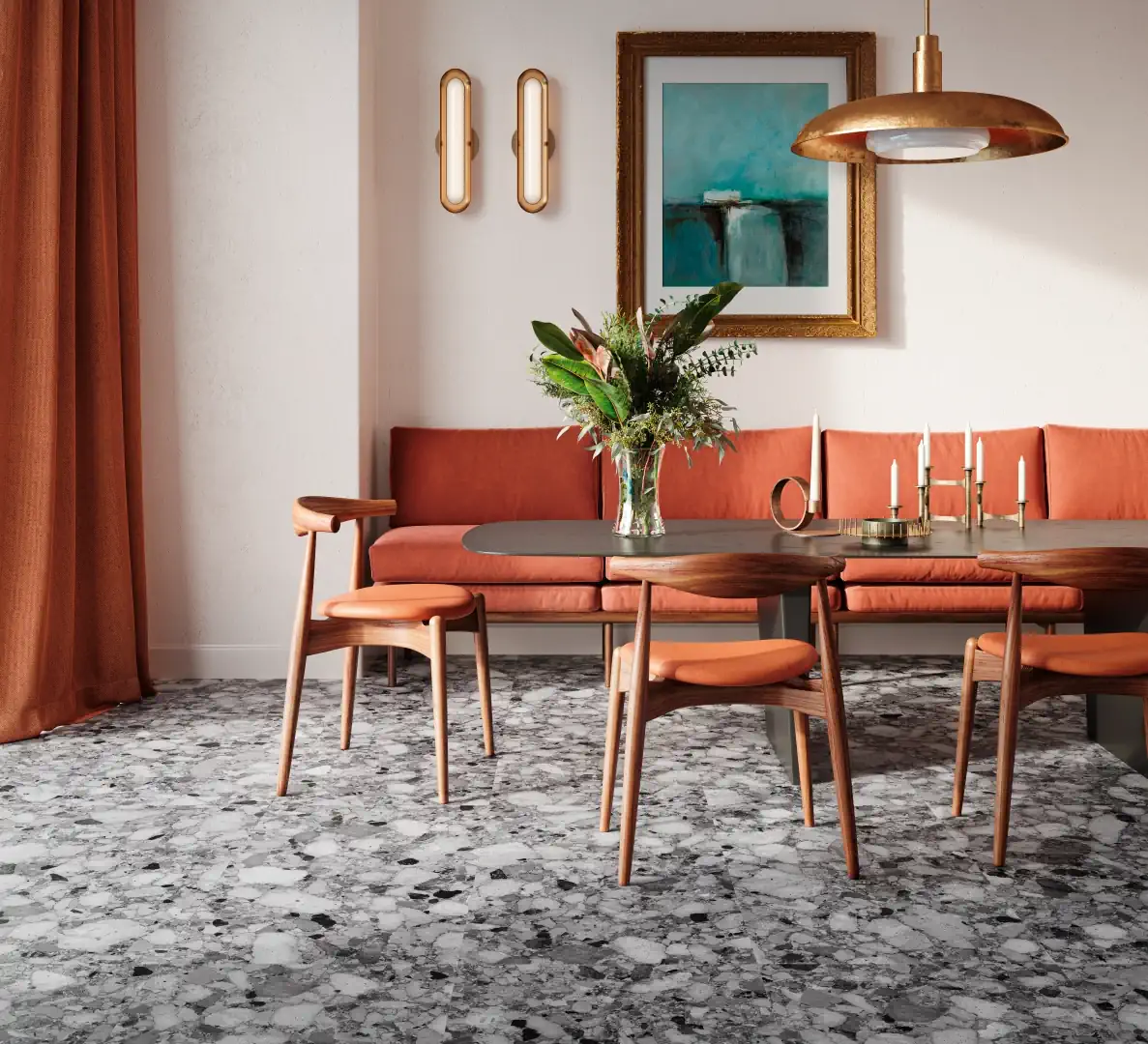 Gres Santagostino VENISTONE efekt terrazzo - aranzacja w strefie dziennej z duzymi przeszkleniami