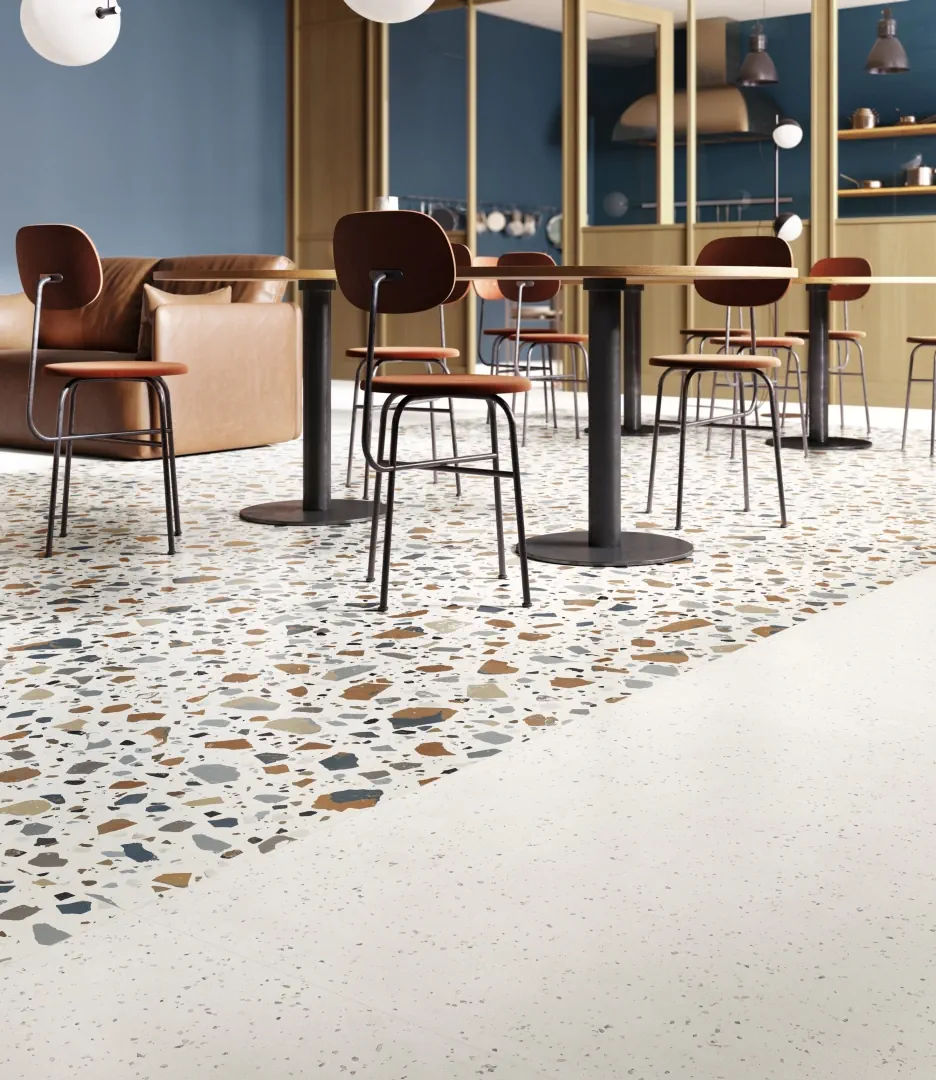 Gres Santagostino DECONCRETE efekt terrazzo, beton - aranzacja w minimalistycznym wnetrzu