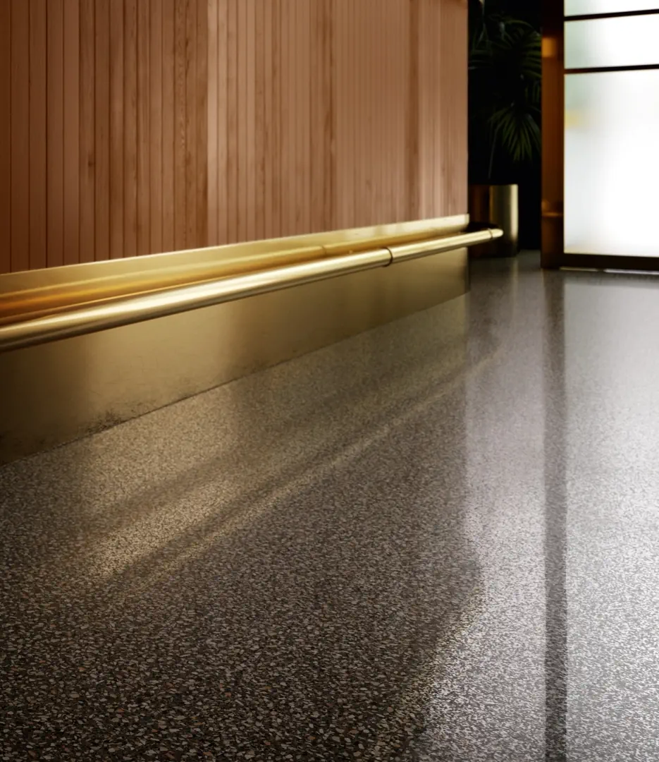 Gres Santagostino NEWDECO efekt terrazzo - aranzacja w przestronnym holu