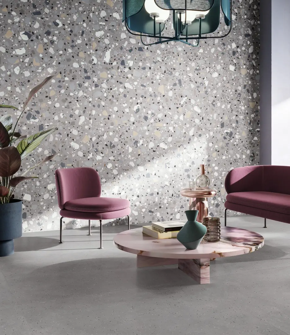 Gres Santagostino DECONCRETE efekt terrazzo, beton - aranzacja w przestronnym holu