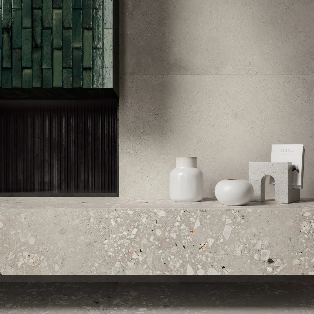 Gres Santagostino LOGICO efekt terrazzo, kamień, , beton - aranzacja w przestronnym holu