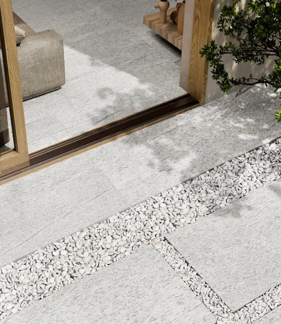 Gres Santagostino UNIONSTONE efekt kamień - aranzacja w minimalistycznym wnetrzu