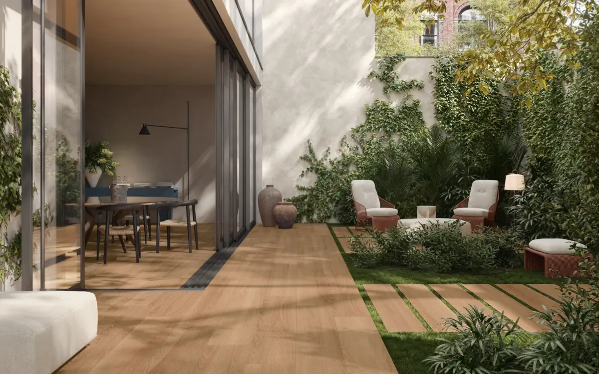 Gres Santagostino GRACEWOOD efekt drewno - aranzacja w minimalistycznym wnetrzu