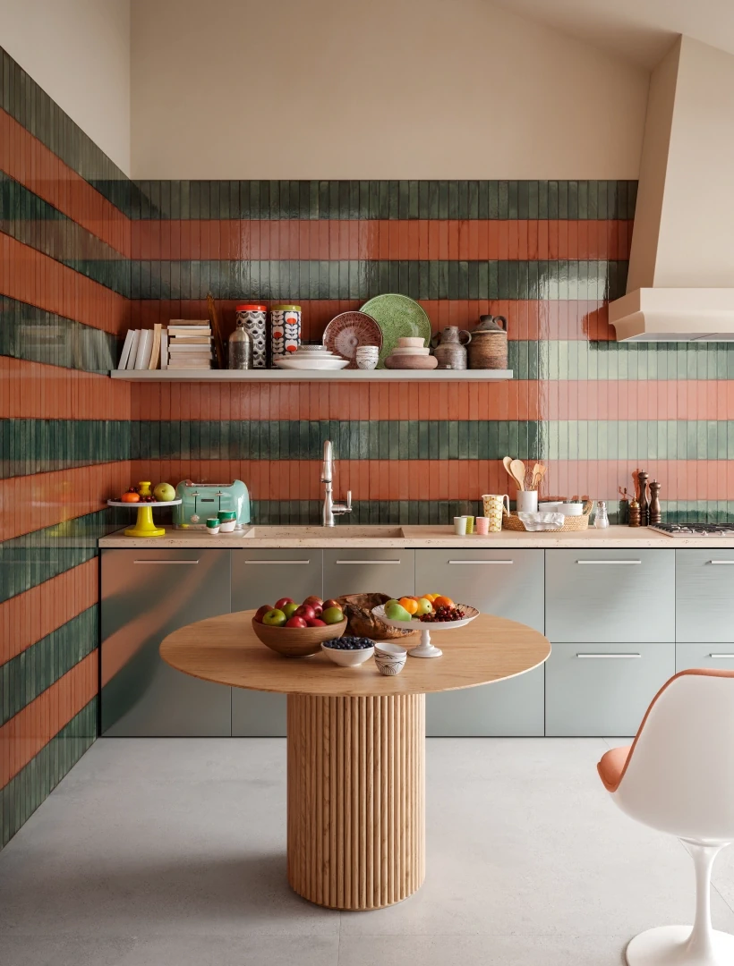 Gres Santagostino TETRIS efekt terrazzo, cegła - aranzacja w strefie dziennej z duzymi przeszkleniami