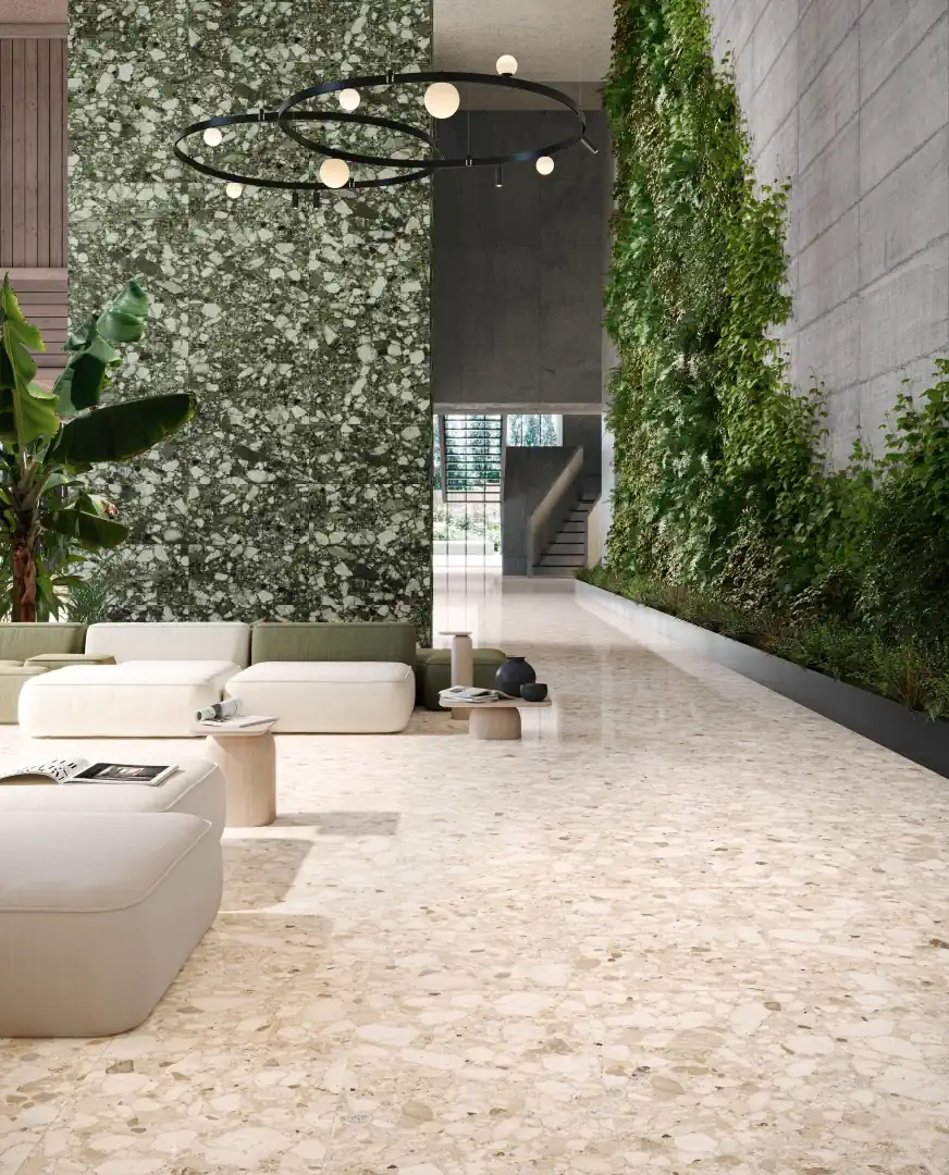 Gres Santagostino VENISTONE efekt terrazzo - aranzacja w nowoczesnym salonie