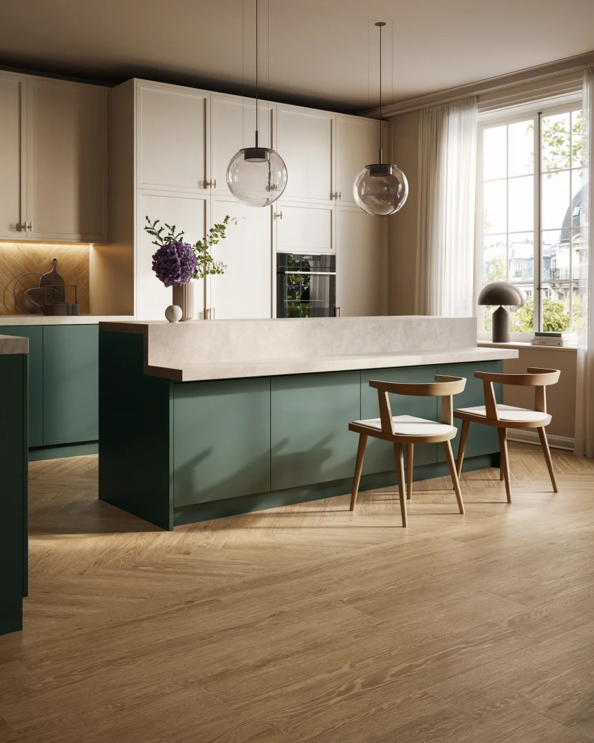 Gres Santagostino SUNWOOD efekt drewno - aranzacja w przy kominku