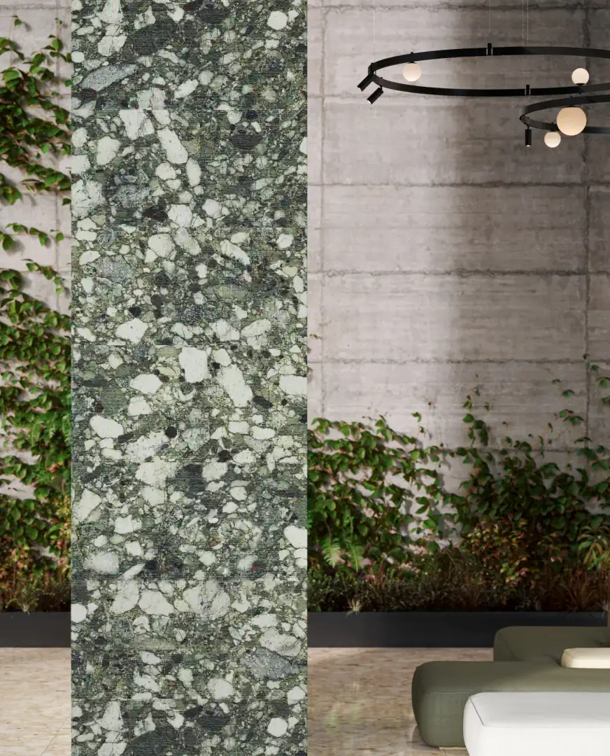 Gres Santagostino VENISTONE efekt terrazzo - aranzacja w przestronnym holu