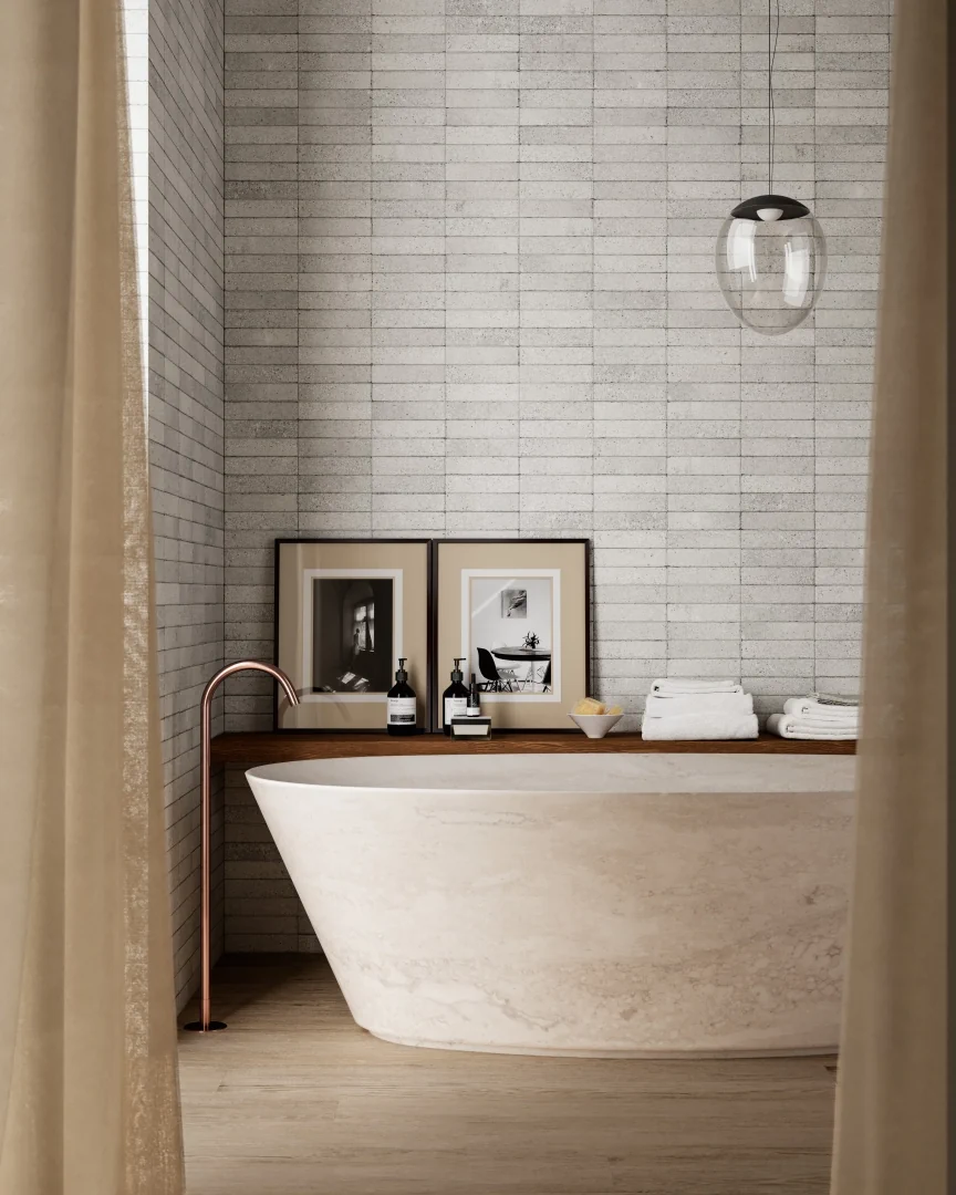 Gres Santagostino TETRIS efekt terrazzo, cegła - aranzacja w przestronnym holu
