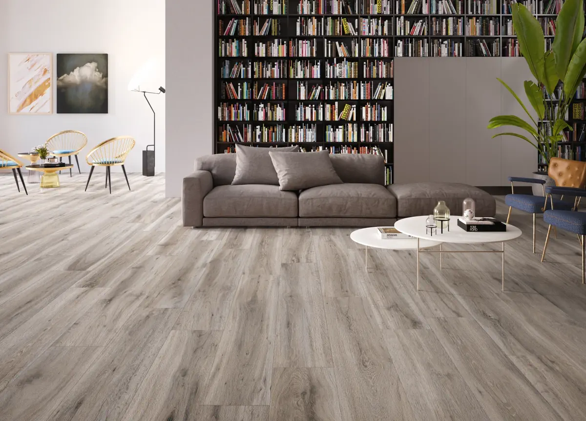 Gres Santagostino BARKWOOD efekt drewno - aranzacja w nowoczesnym salonie