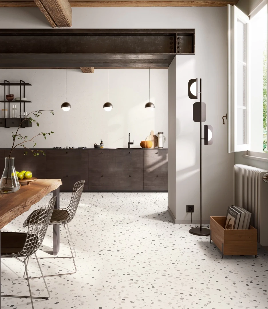 Gres Santagostino DECONCRETE efekt terrazzo, beton - aranzacja w eleganckiej lazience