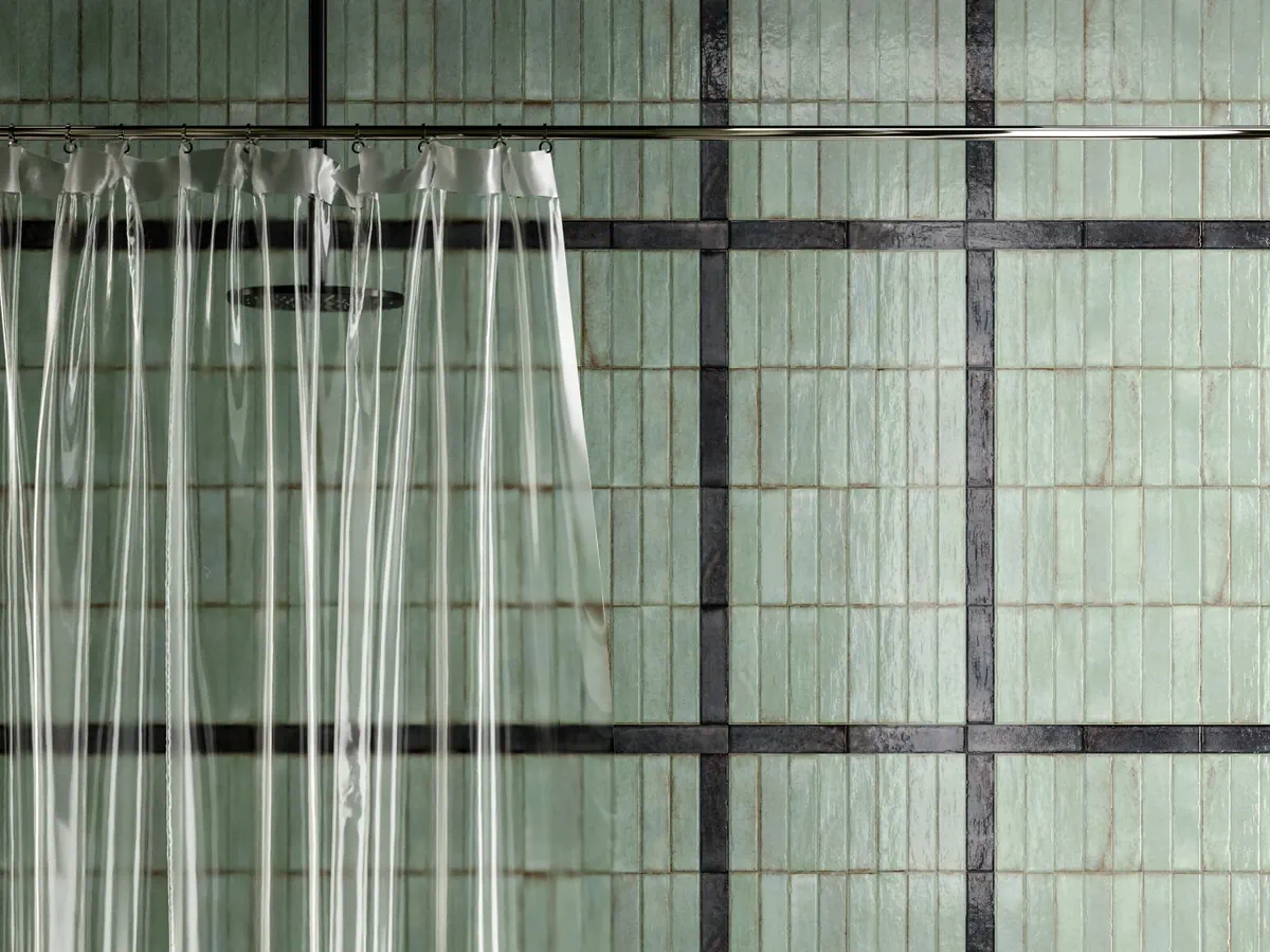Gres Santagostino TETRIS efekt terrazzo, cegła - aranzacja w eleganckiej lazience