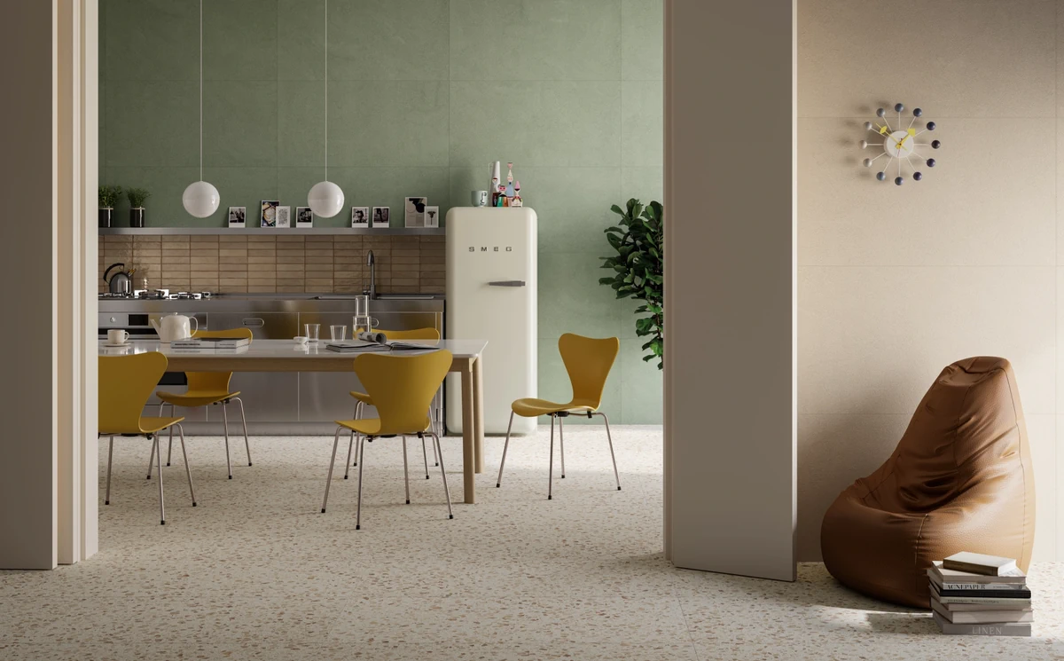 Gres Santagostino IRO efekt terrazzo, beton - aranzacja w minimalistycznym wnetrzu