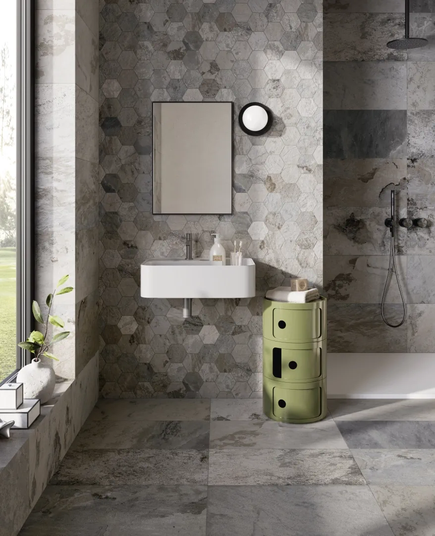 Gres Santagostino METASTONE efekt kamień - aranzacja w eleganckiej lazience