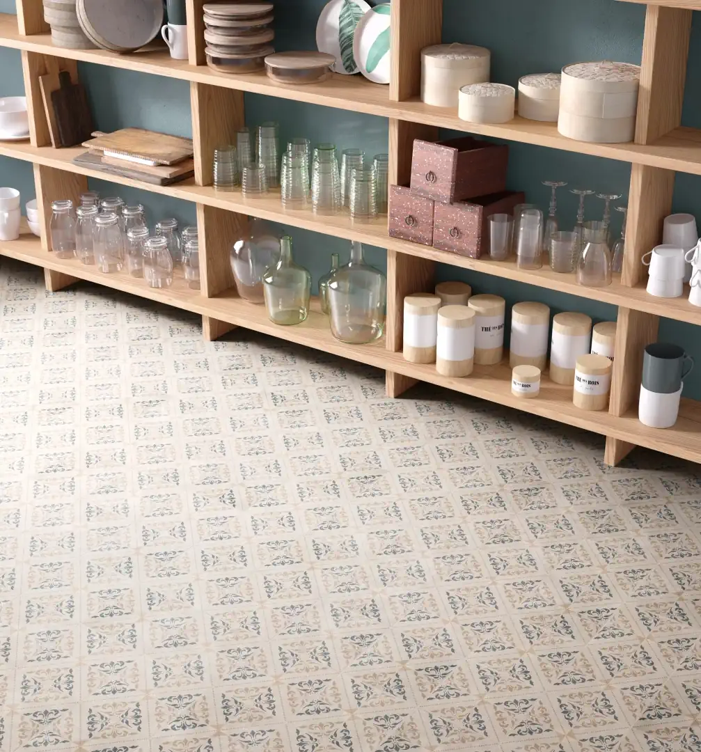 Gres Santagostino PATCHWORK efekt wzór - aranzacja w strefie dziennej z duzymi przeszkleniami