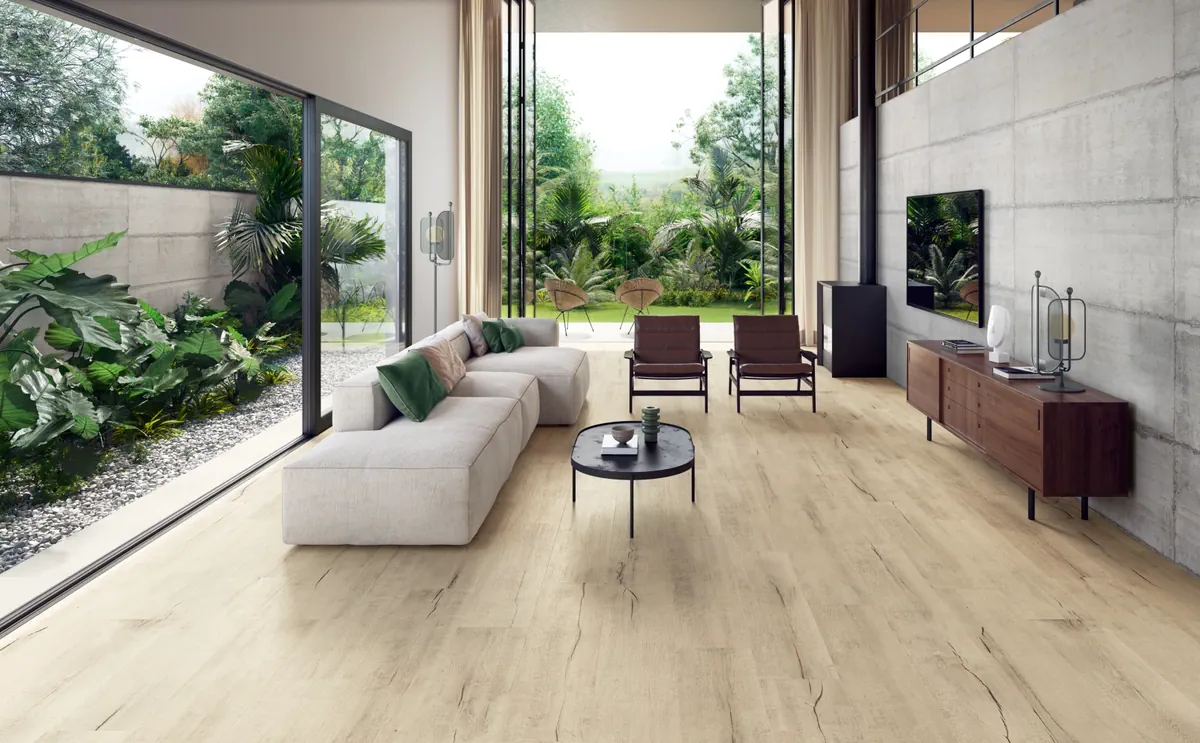 Gres Santagostino TIMEWOOD efekt drewno - aranzacja w minimalistycznym wnetrzu