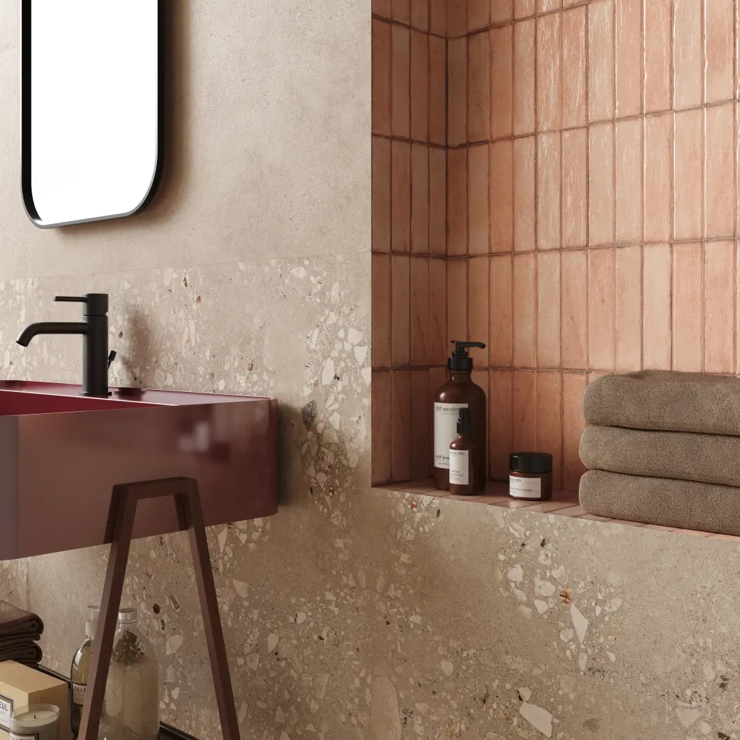 Gres Santagostino LOGICO efekt terrazzo, kamień, , beton - aranzacja w nowoczesnym salonie
