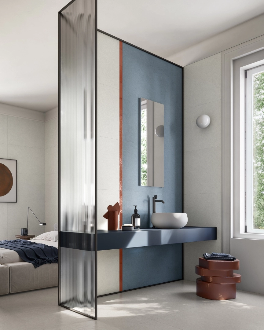 Gres Santagostino IRO efekt terrazzo, beton - aranzacja w przy kominku