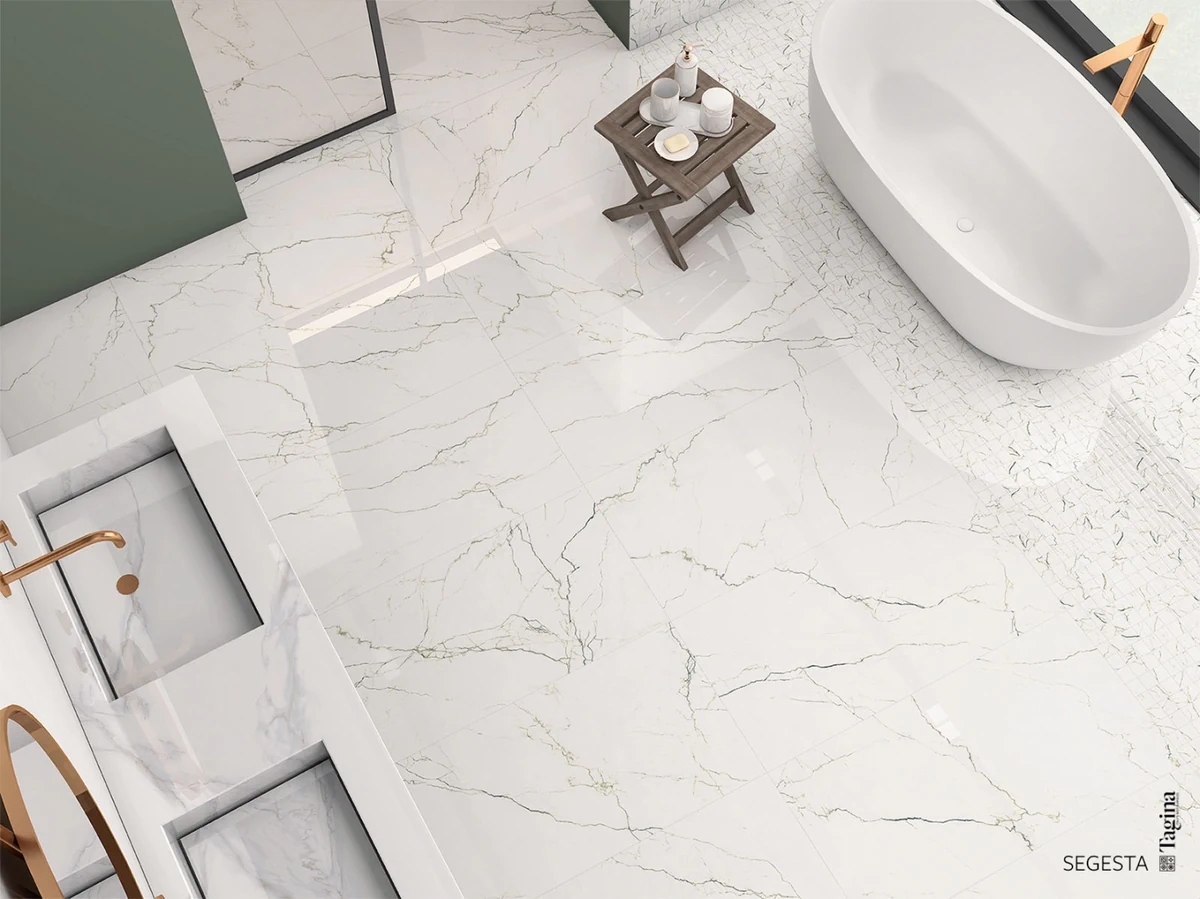 Gres Tagina SEGESTA efekt marmur - aranzacja w eleganckiej lazience