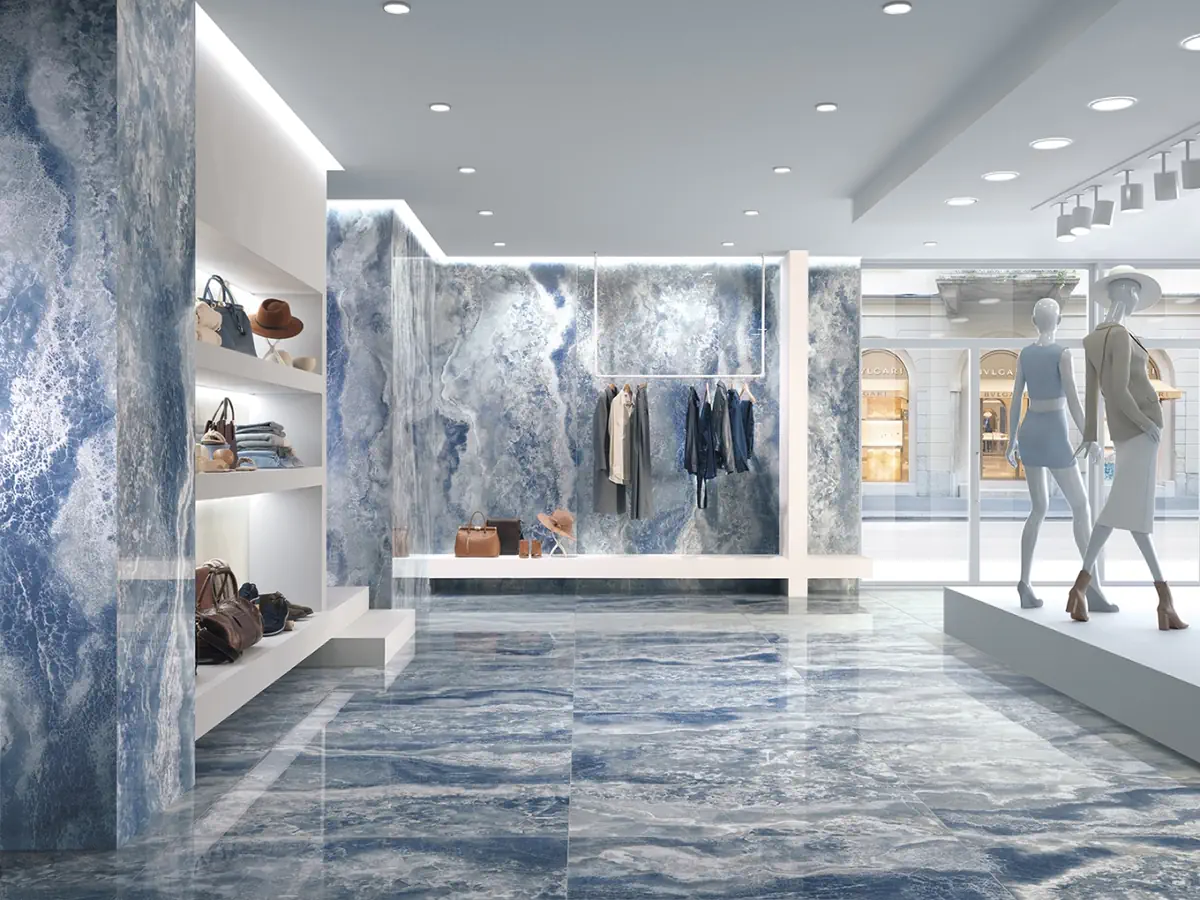 Gres Tagina ONYX DIAMOND efekt marmur - aranzacja w nowoczesnym salonie