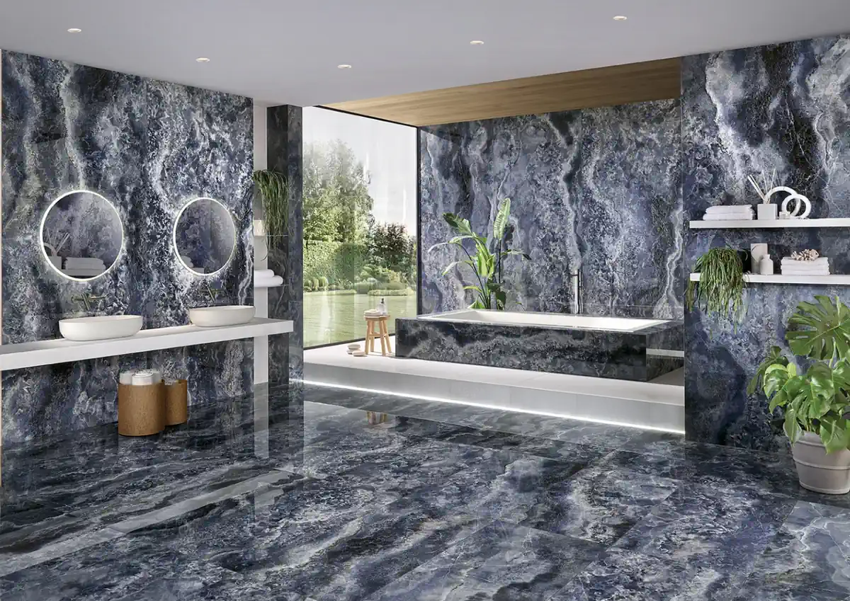 Gres Tagina ONYX DIAMOND efekt marmur - aranzacja w minimalistycznym wnetrzu