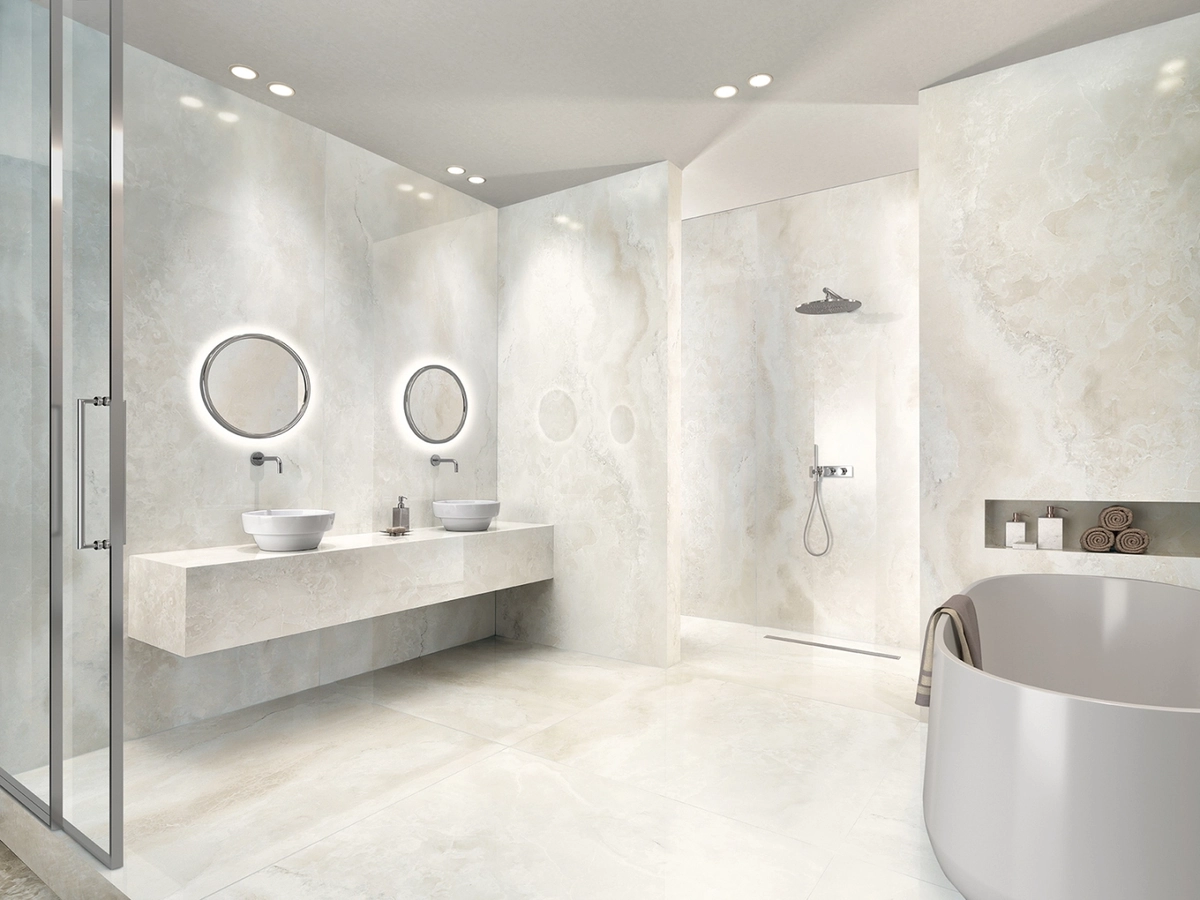Gres Tagina ONYX DIAMOND efekt marmur - aranzacja w elewacji domu