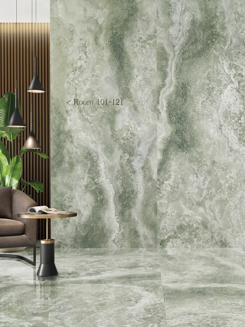 Gres Tagina ONYX DIAMOND efekt marmur - aranzacja w przy kominku