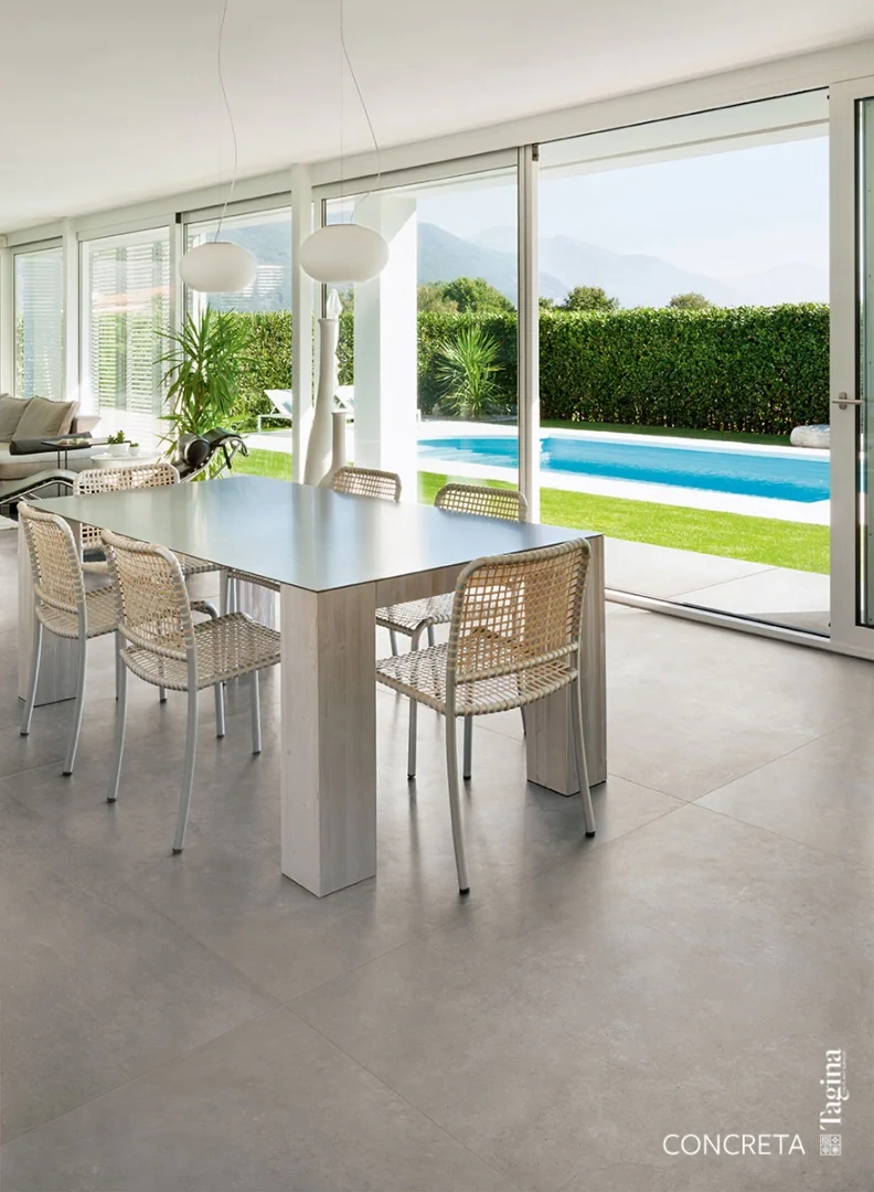 Gres Tagina CONCRETA efekt beton - aranzacja w przy kominku