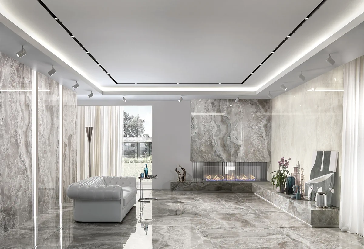 Gres Tagina ONYX DIAMOND efekt marmur - aranzacja w nowoczesnym salonie