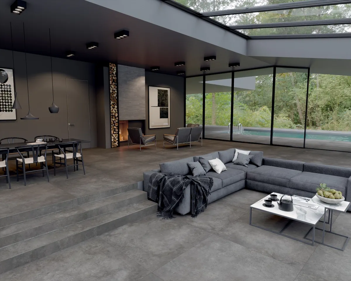 Gres Tagina CONCRETA efekt beton - aranzacja w minimalistycznym wnetrzu