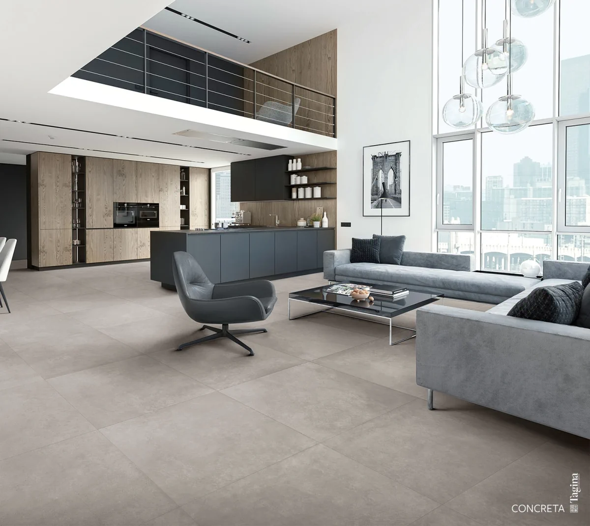 Gres Tagina CONCRETA efekt beton - aranzacja w przestronnym holu